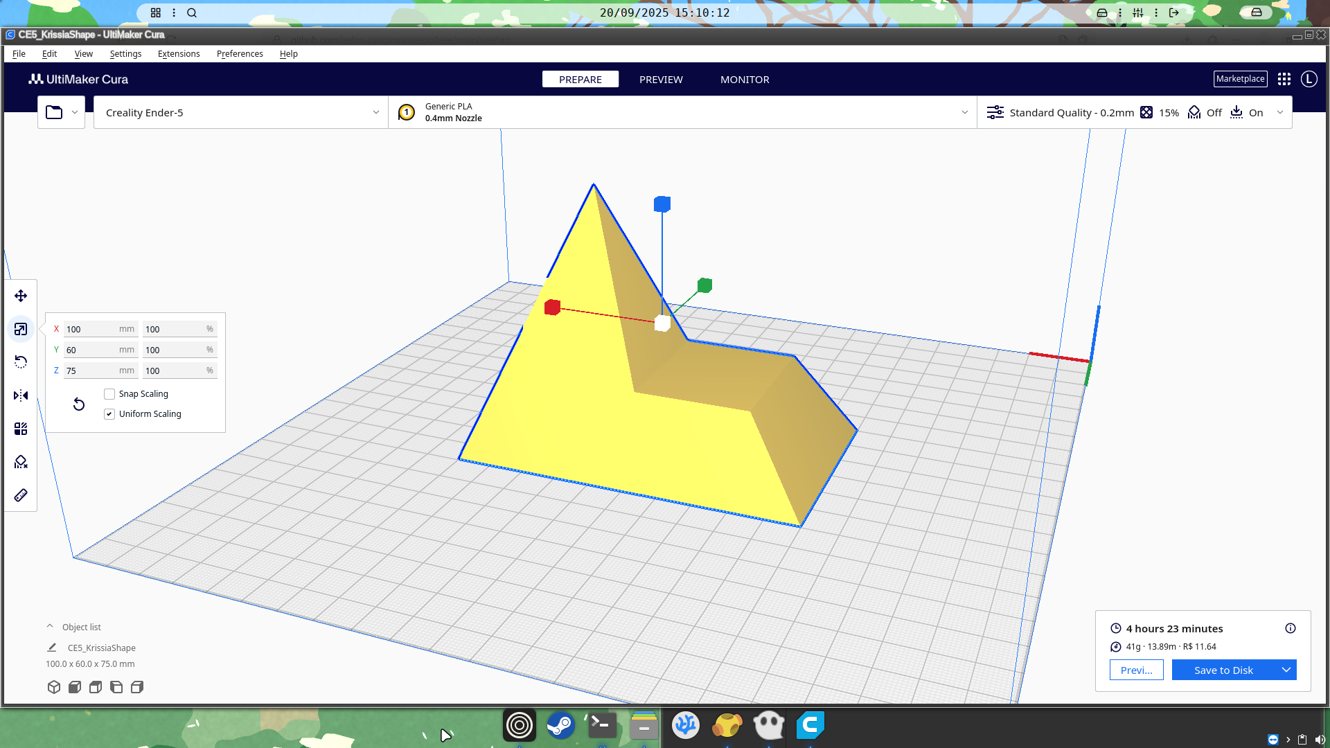 Screenshot of Cura with the sliced shape, measuring exactly 100mm in length, 75mm in height and 60mm of depth