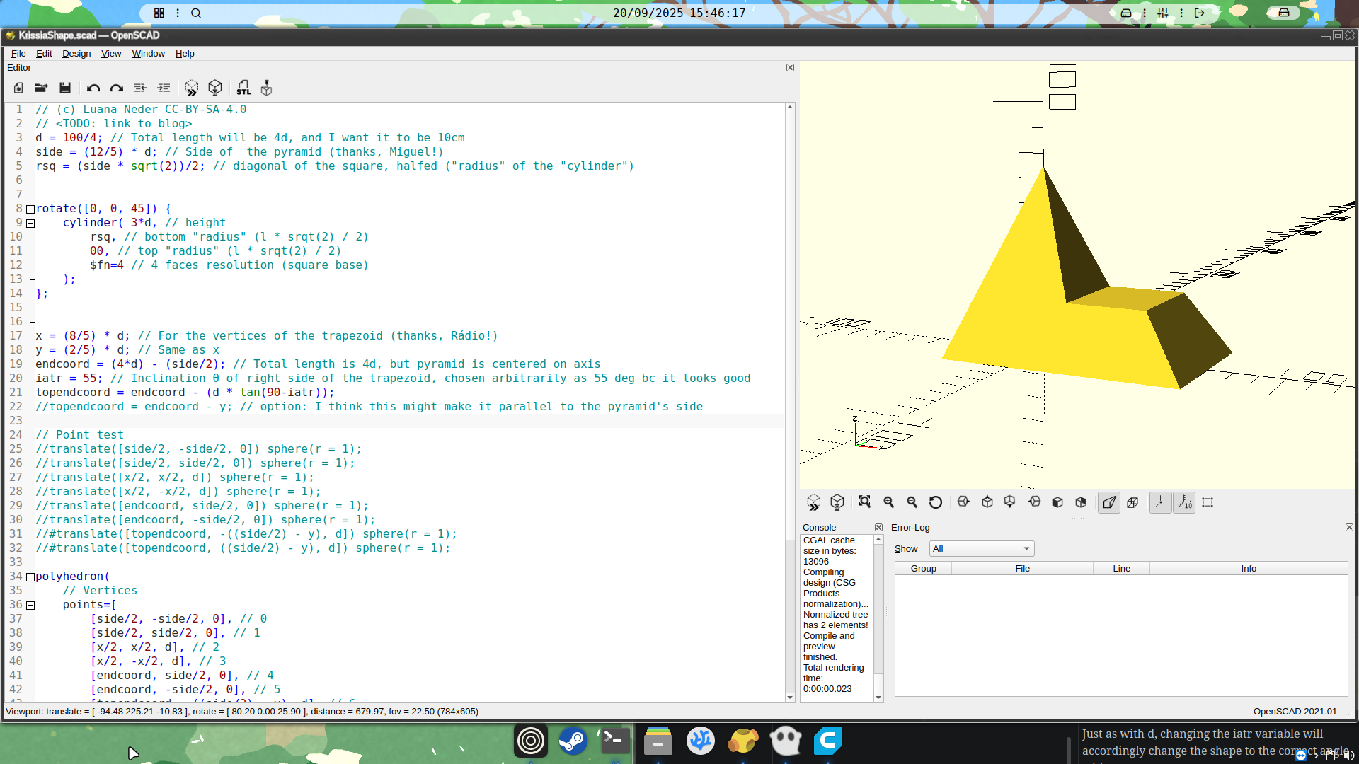 OpenSCAD screenshot showing the final shape and the full OpenSCAD window