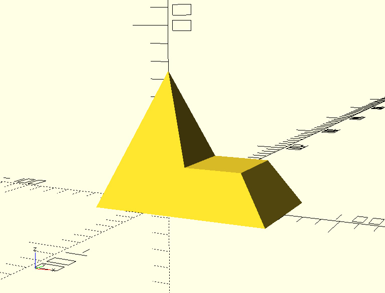 Rendered preview of the shape in OpenSCAD, it's a pyramid with a trapezoid-like shape glued to its right